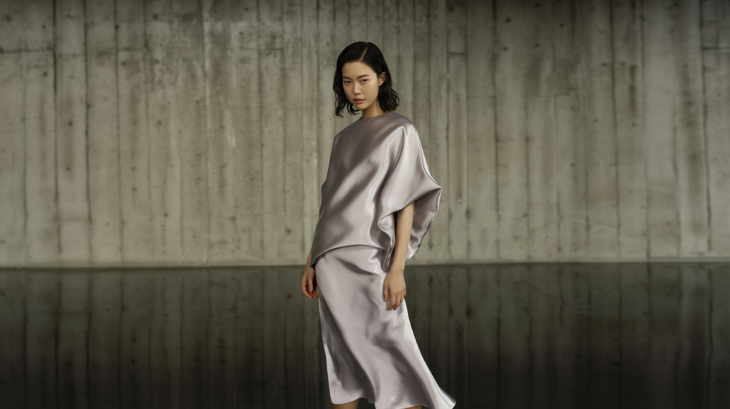 korean-model-wearing-silver-satin-oversized-blouse-and-midi-skirt-minimalist-k-fashion-editorial-against-concrete-backdrop