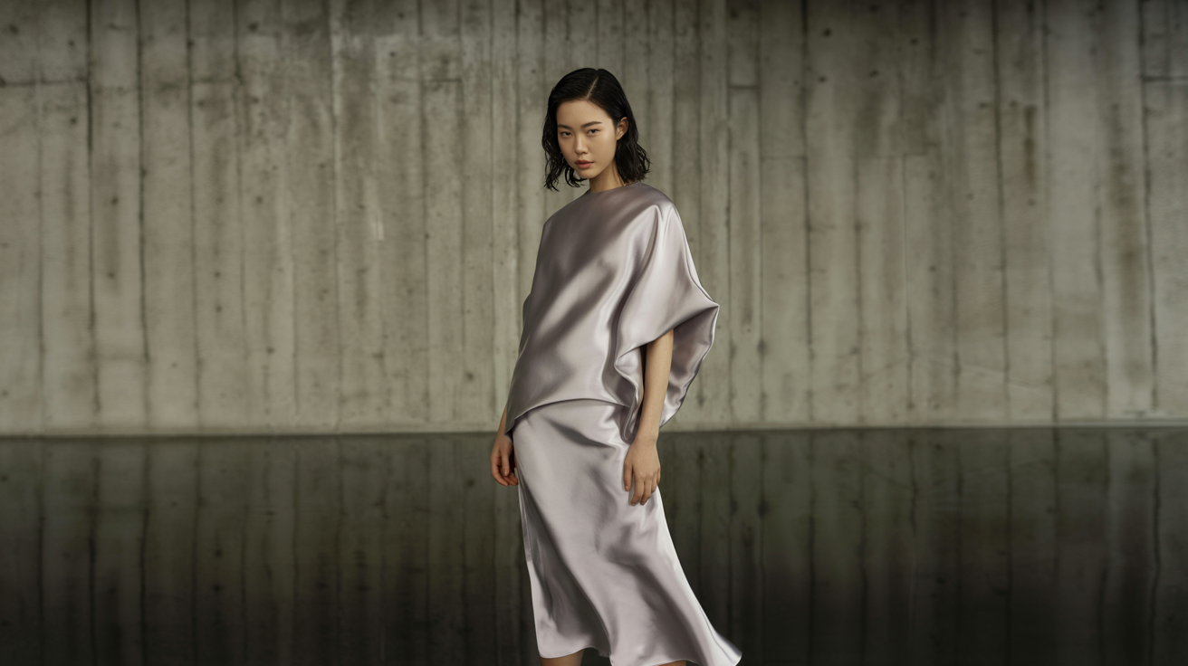 korean-model-wearing-silver-satin-oversized-blouse-and-midi-skirt-minimalist-k-fashion-editorial-against-concrete-backdrop